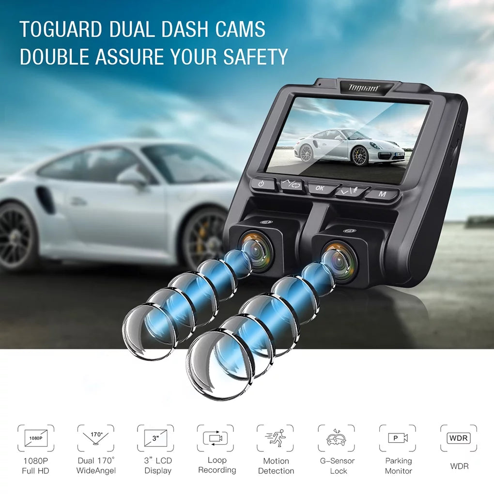 Full  Dual Dash Cam,  1080P+1080P Front and Inside Car Camera Dash Cams 3"  Dashboard Camera Black