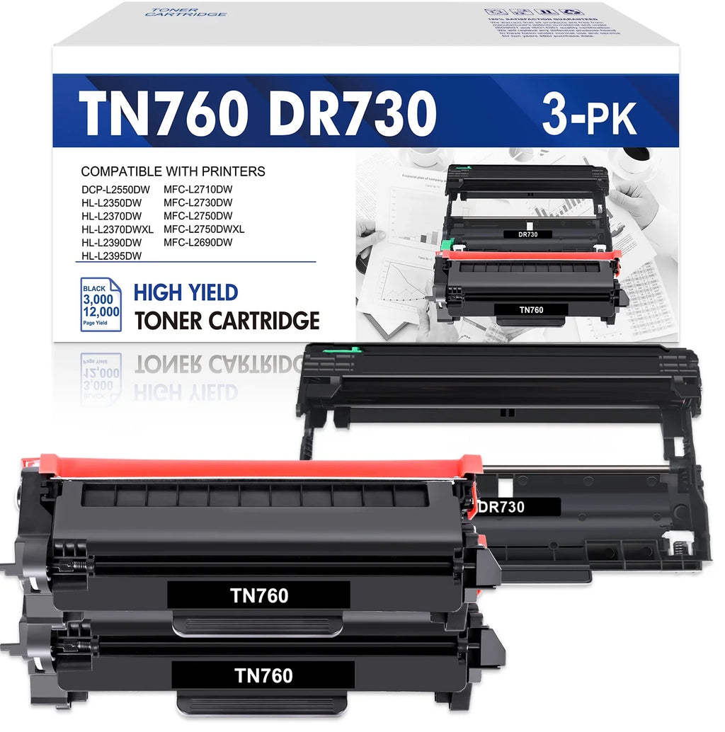 TN760 TN730 Toner Cartridge and DR730 Drum Unit Set Compatible for Brother -L2550DW -L2350DW -L2710DW -L2690DW Printer (2x -760 Toner, 1x -730 Drum Unit )