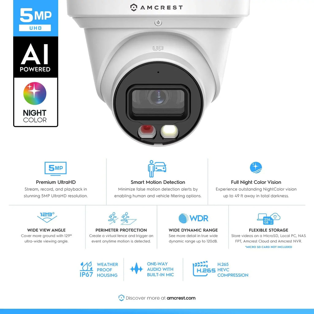 Amcrest  Turret  PoE Camera w/ 164ft Nightvision, Security  Camera Outdoor, Built-in Microphone, Human & Vehicle Detection, 129° , 5MP@20fps IP5M-T1277EW-