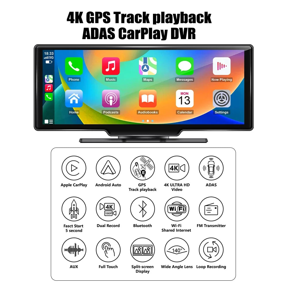 Adas Dash Cam  4K   10.26"   with touch Screen 2 cameras for Front and Back recording Apple CarPlay , Android Auto Portable Navigation