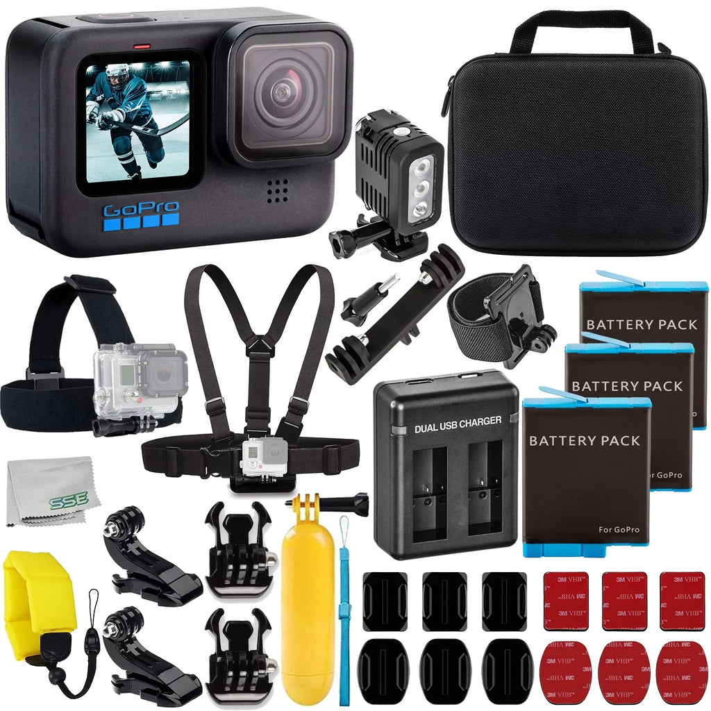 GoPro HERO10 (Hero 10) Black with Deluxe Accessory Bundle: 3x Replacement Batteries, Dual  Charger, Underwater  Light with Bracket, Water Resistant Action Camera Case, & Much More