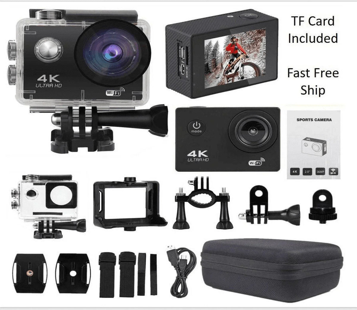 Action Camera  1080P Sports Camera Under 30M Waterproof,  Card, Battery, Carry Case Included