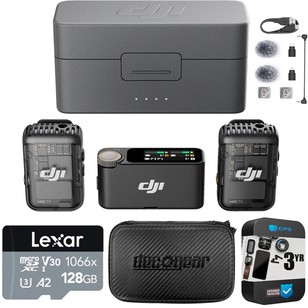 Mic 2 (2  + 1  + Charging Case) All-in-one Wireless Microphone ..00000325.01 Bundle with Lexar 128GB microSDXC Memory Card, Deco Gear 7" Hard Case and 3 Year Extended Warranty