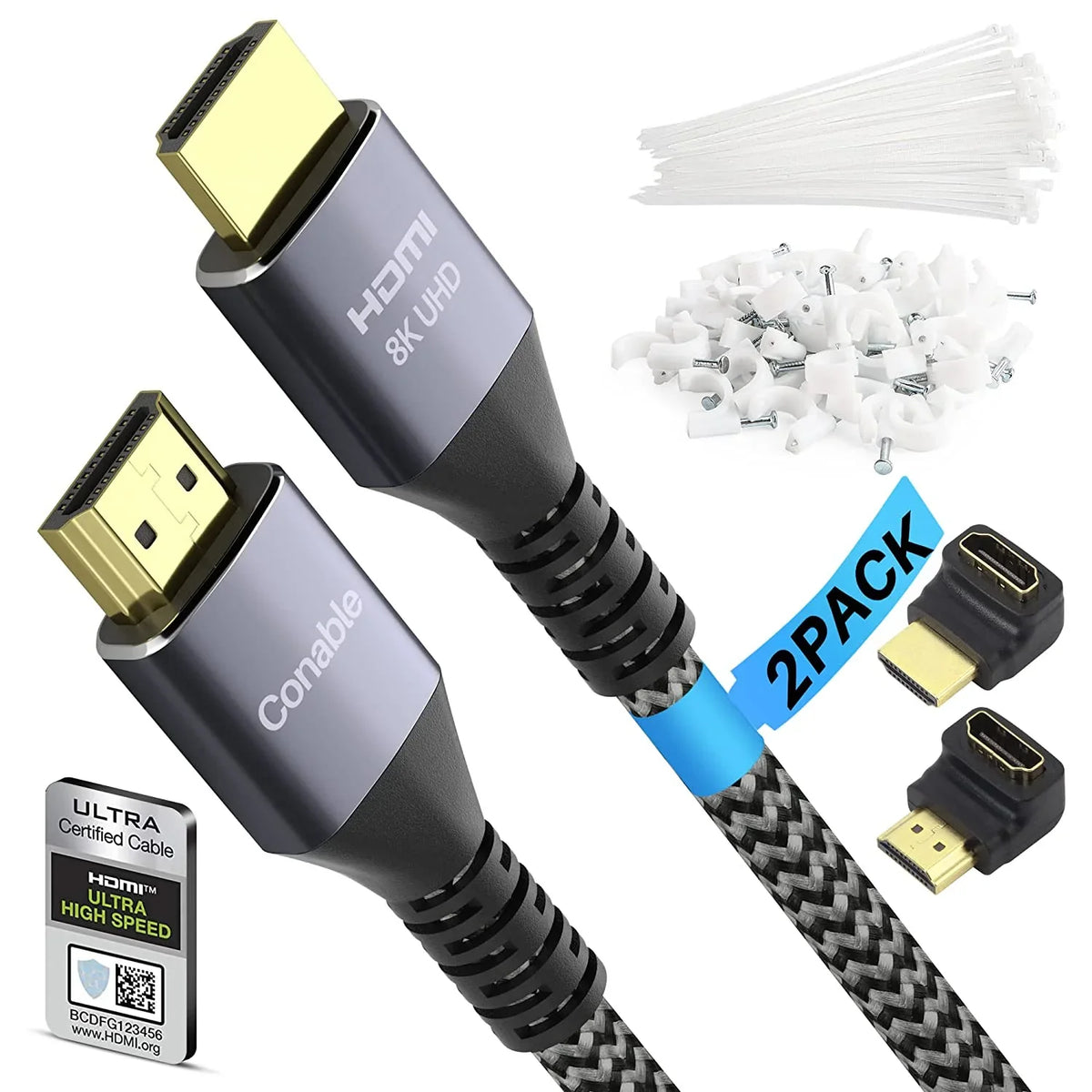 Short 8K  2.1 Certified Cable 2 Feet (2 Pack) 48Gbps High Speed Ultra  Braided Cord, 8K@60Hz 4K@120Hz eARC