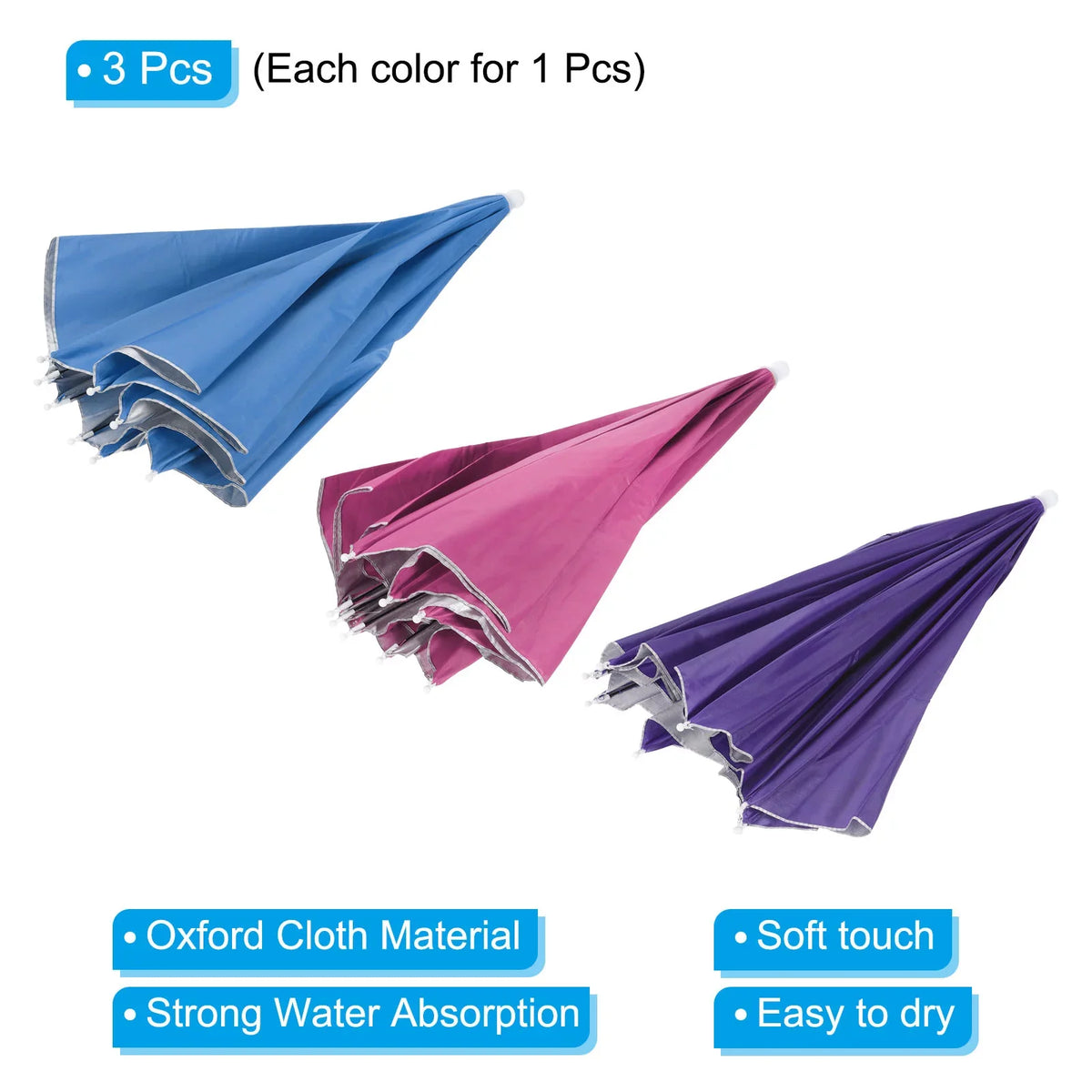 Uxcell  27.2" Umbrella Hat Set, 3Pcs Oxford Fabric Folding Single Layer Sun Rain Cap with Head Strip, Purple Blue Red