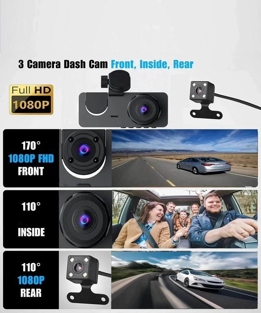 Car Video Recorder. 3 Camera Dash Car  Night Vision