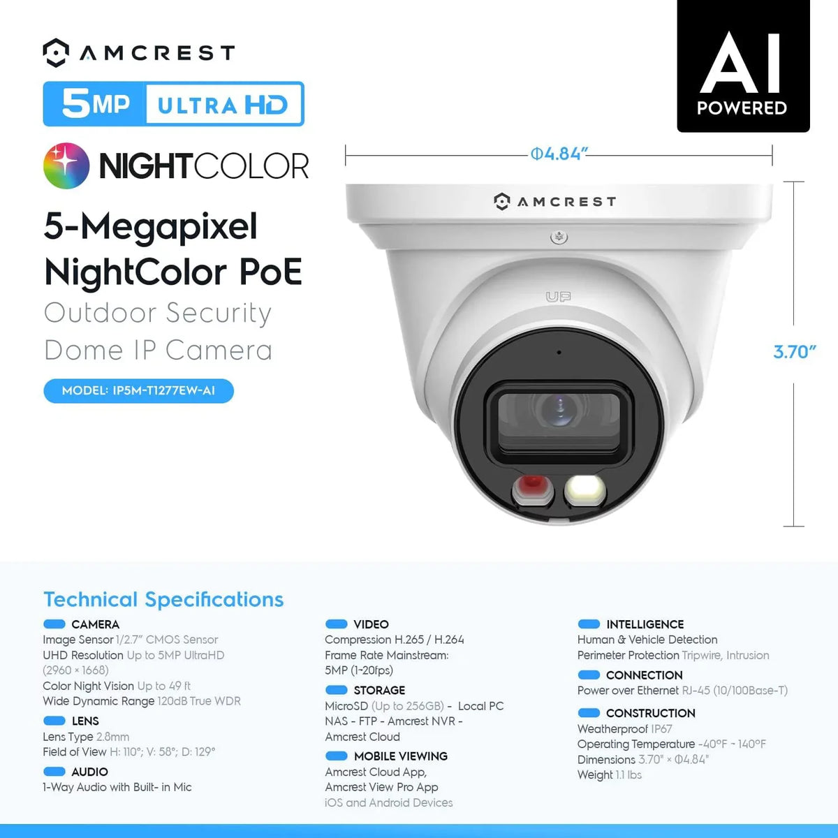 Amcrest  Turret  PoE Camera w/ 164ft Nightvision, Security  Camera Outdoor, Built-in Microphone, Human & Vehicle Detection, 129° , 5MP@20fps IP5M-T1277EW-