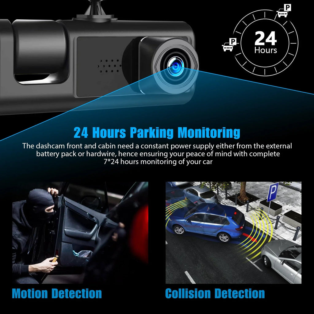3 Channel Dash Cam Front and Rear Inside W/32GB  Card, Full  1080P Dash Camera for Cars, Dashcam Three Way Triple Car Camera W/ Night Vision, Loop Recording, G-Sensor, Parking Monitor