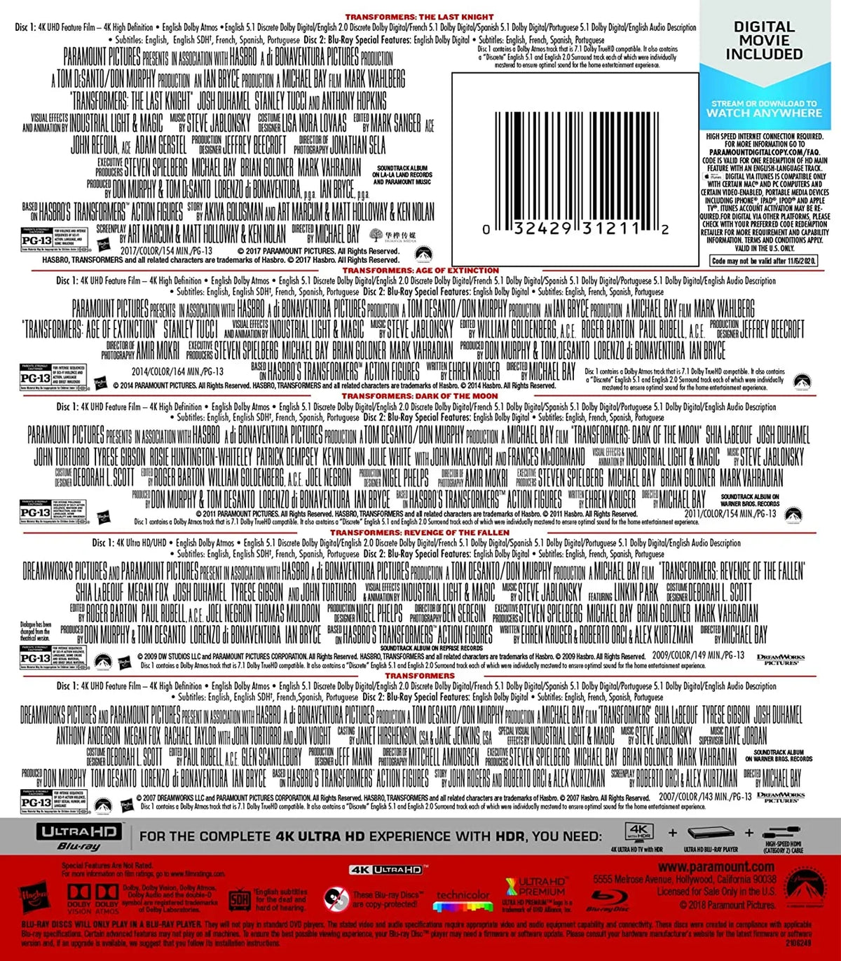 Transformers: The Ultimate 5-Movie Collection (4K Ultra  + Blu-ray + Digital Copy)
