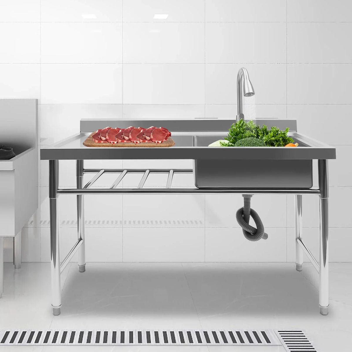 Aiqidi 47" Freestanding Stainless Steel Utility Sink, 1 Compartment Commercial Restaurant Kitchen Sink Washing Hand Basin w/Catering Prep Table & Pull-Out Faucet & Drainpipe