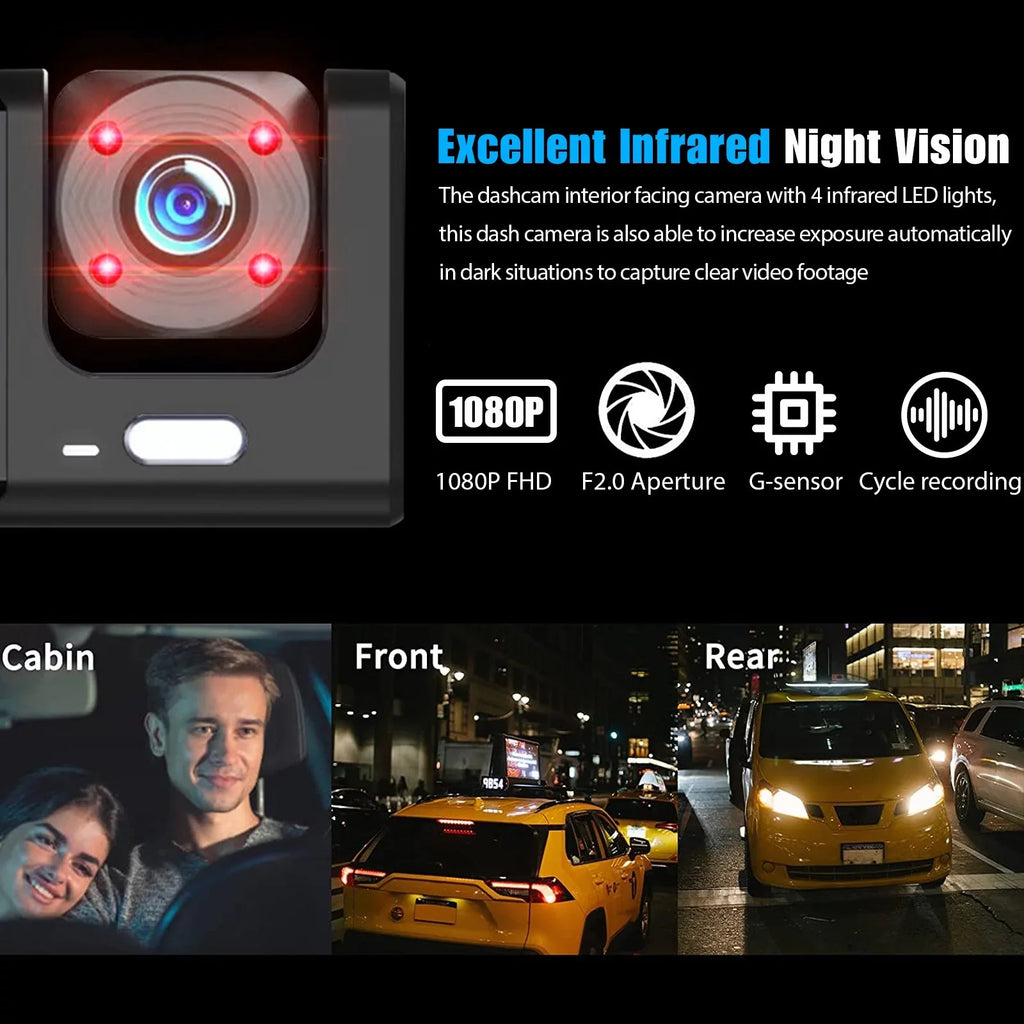 3 Channel Dash Cam Front and Rear Inside W/32GB  Card, Full  1080P Dash Camera for Cars, Dashcam Three Way Triple Car Camera W/ Night Vision, Loop Recording, G-Sensor, Parking Monitor