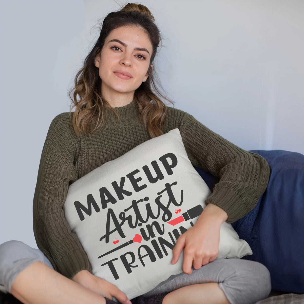 Makeup Artist in Training w/ Fan Brush & Red Lipstick Design - Beauty Themed Merch for Makeup Artist or Cosmetologist, Gift for Makeup Lovers, Pillow Cover, White 18X18