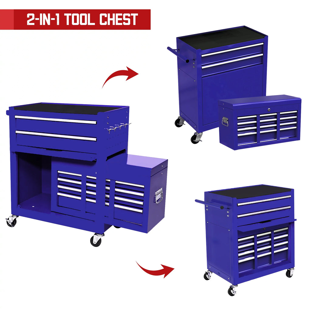 Tool Chest with Drawers, 2--1 Rolling Tool Chest & Cabinet Large Capacity with 8 Drawers, Lockable Tool Box Organizer On Wheels with Sliding Drawers, Hidden Double Tool Box, Blue