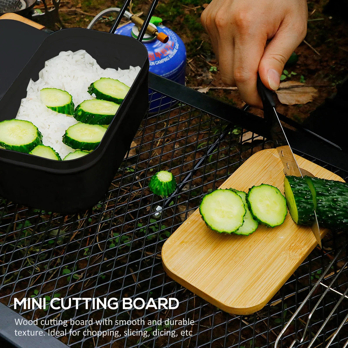 FlyFlise 4pcs Cookware Mess Kit 800ml Camping Lunch Box with Alcohol Stove Steaming Rack Cutting Board for Backpacking Hiking Fishing Mountaineering