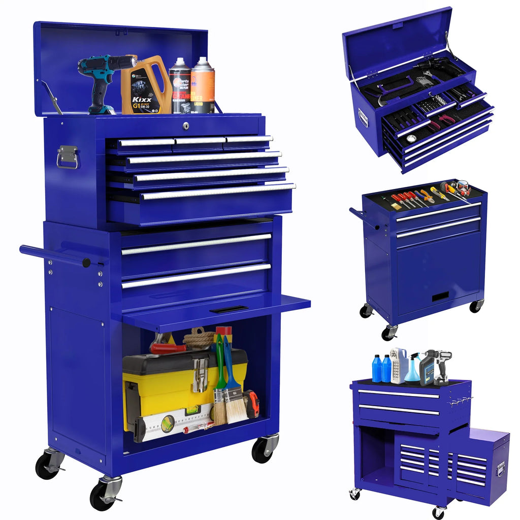 Tool Chest with Drawers, 2--1 Rolling Tool Chest & Cabinet Large Capacity with 8 Drawers, Lockable Tool Box Organizer On Wheels with Sliding Drawers, Hidden Double Tool Box, Blue