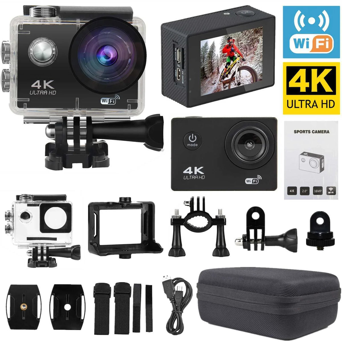 Action Camera  1080P Sports Camera Under 30M Waterproof,  Card, Battery, Carry Case Included