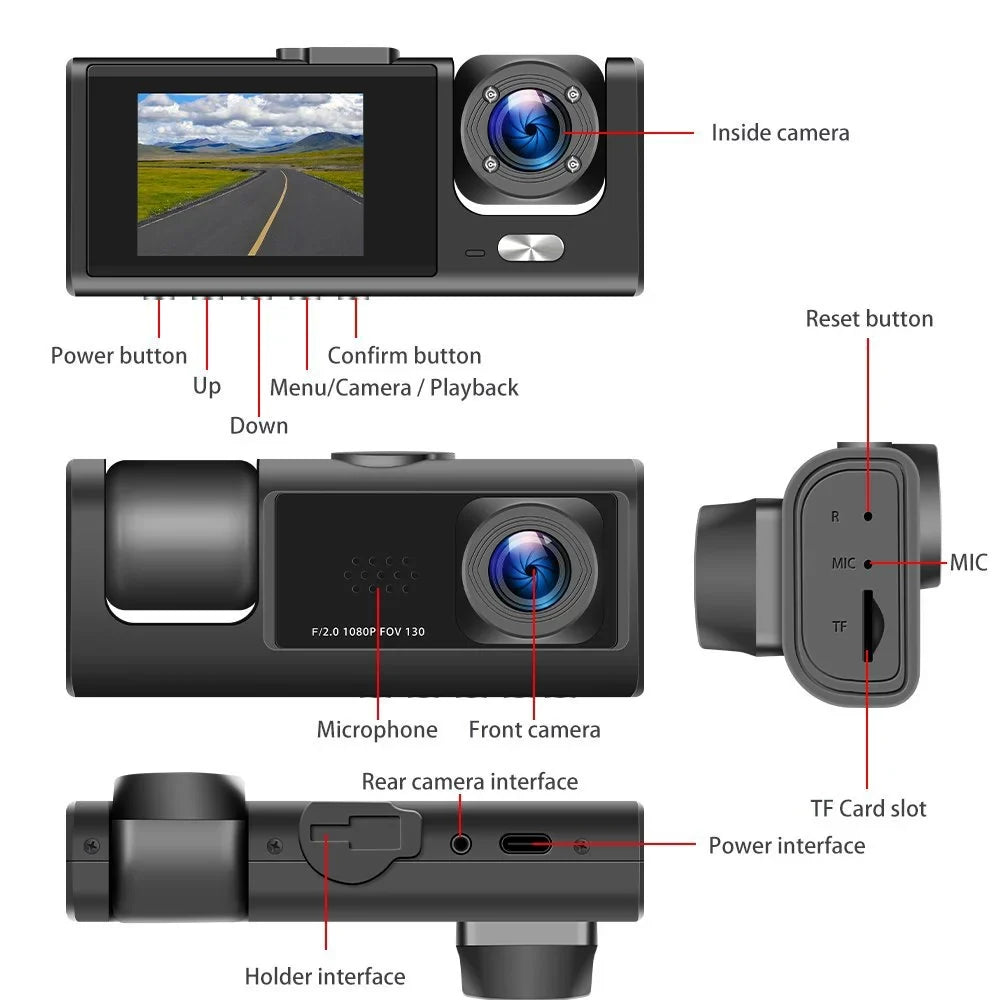 3 Channel Dash Cam Front and Rear Inside W/32GB  Card, Full  1080P Dash Camera for Cars, Dashcam Three Way Triple Car Camera W/ Night Vision, Loop Recording, G-Sensor, Parking Monitor