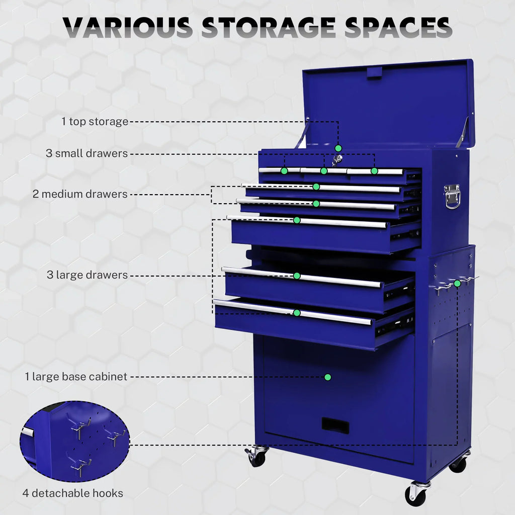 Tool Chest with Drawers, 2--1 Rolling Tool Chest & Cabinet Large Capacity with 8 Drawers, Lockable Tool Box Organizer On Wheels with Sliding Drawers, Hidden Double Tool Box, Blue