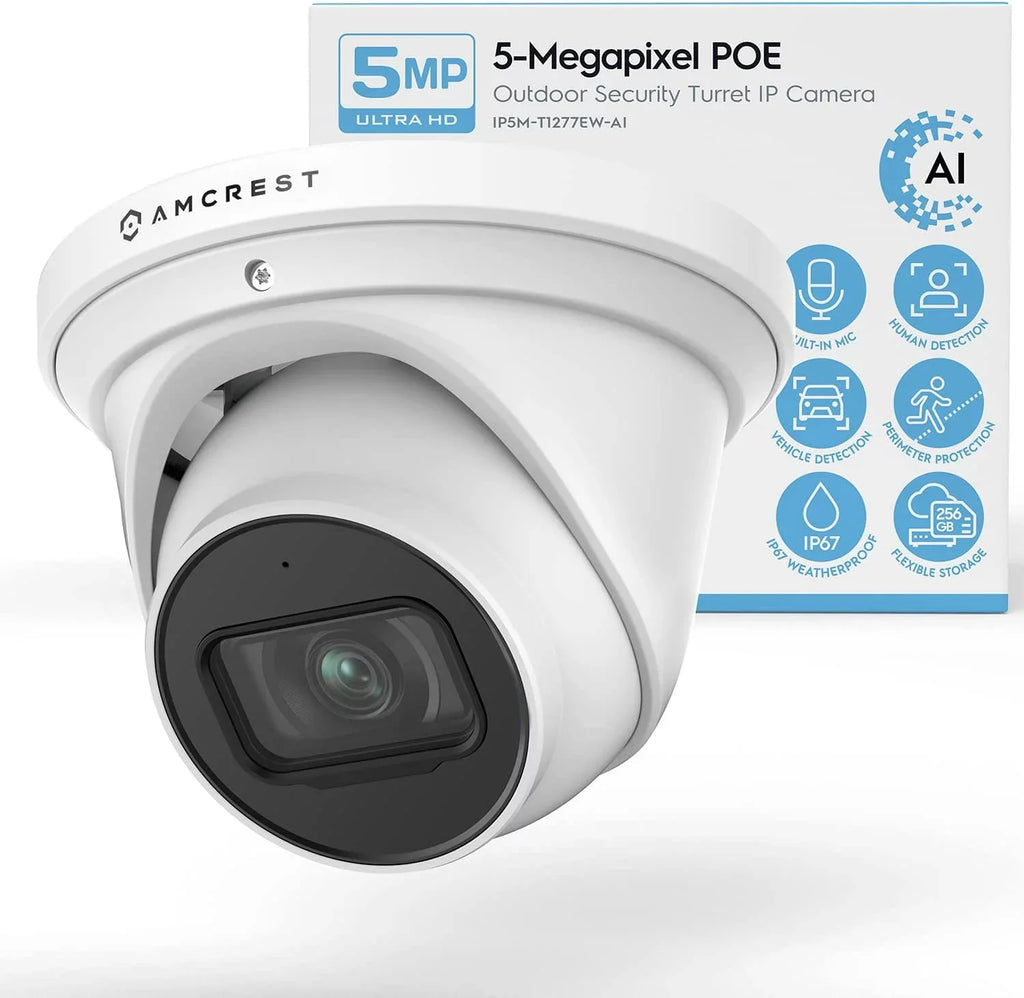 Amcrest  Turret  PoE Camera w/ 164ft Nightvision, Security  Camera Outdoor, Built-in Microphone, Human & Vehicle Detection, 129° , 5MP@20fps IP5M-T1277EW-