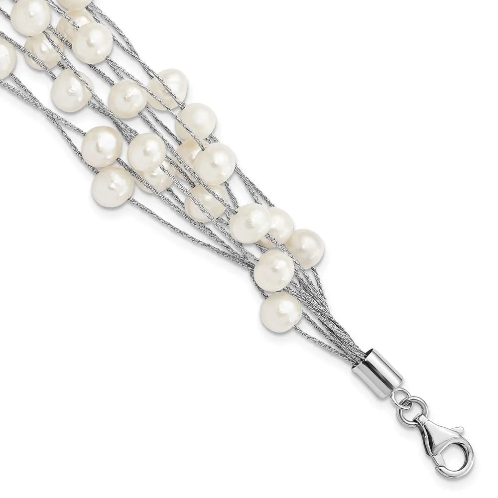 Auriga 925 Sterling Silver Rhod-plat 7-8mm White  Pearl 10-rows Bracelet 7.25inch for Women