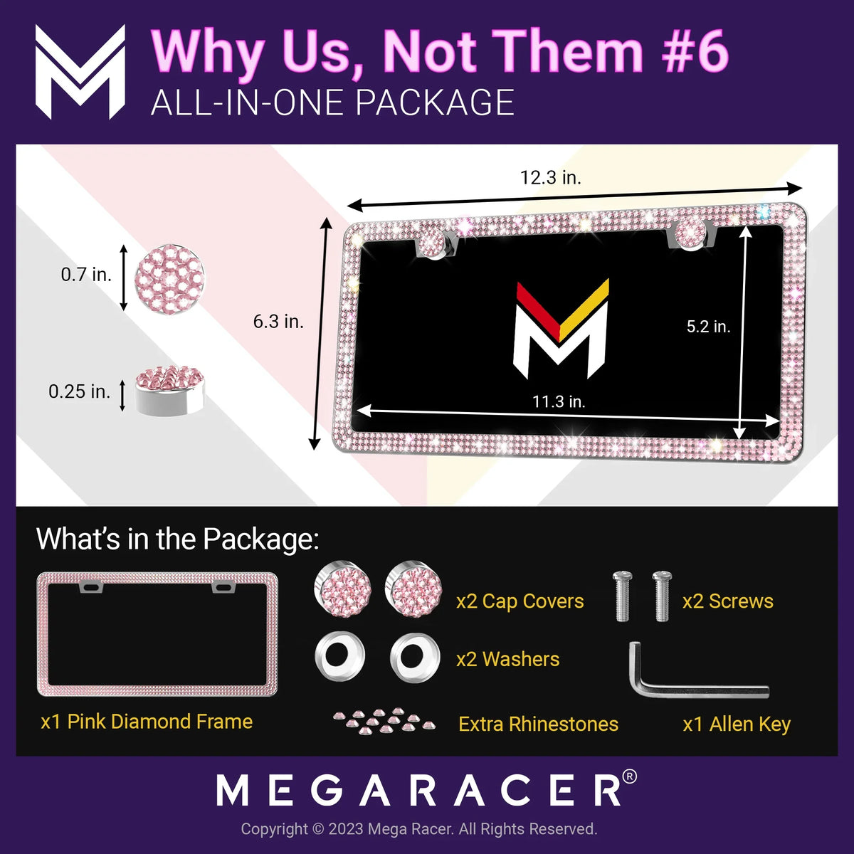 Mega Racer Mazda -50 Bling License Plate Frames Diamond Pink Rhinestones, 2 Holes with Mounting Screws, Mazda -50 2023 23 Sparkly Car License Plate Frame