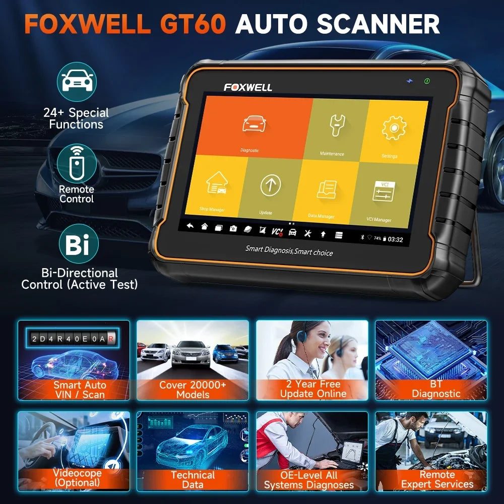 Foxwell GT60  Bluetooth OBD2 Scanner All System Automotive Diagnostic Scan Tool 24 Maintenance Functions  Bleeding Car Code Reader Auto Vin   Scanner Android Scan Tablet 2 Year Free Update