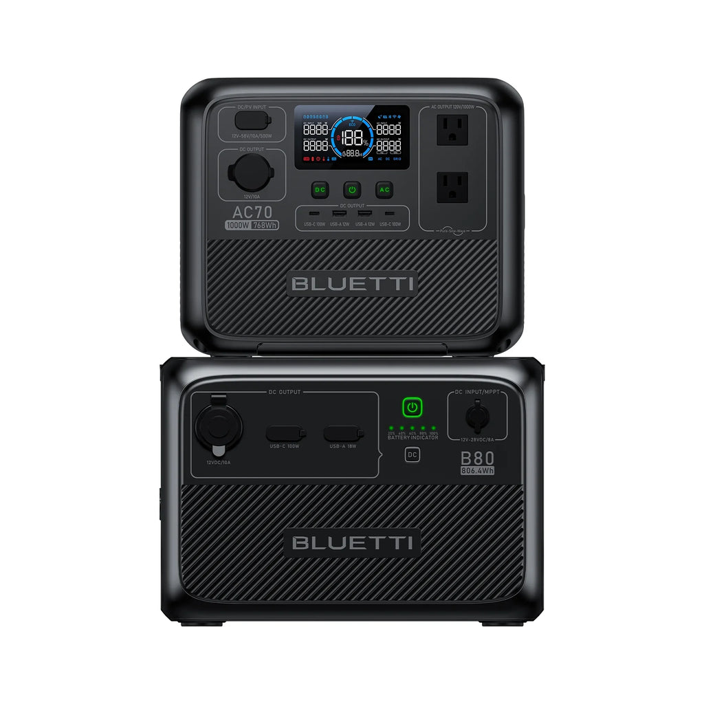 AC70+B80 Portable Solar Generator, 768Wh LiFePO4 Power Station, 80% Charge in 45 Mins, 1000W Rated Power (2000W Lifting Power) for Camping, Hiking, Home Backup