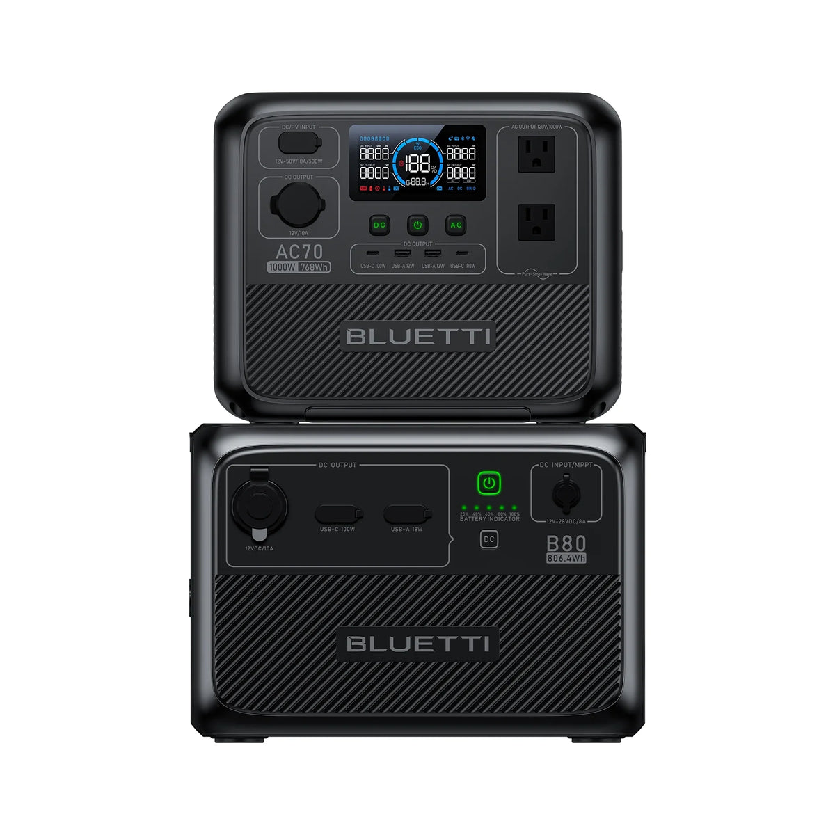 AC70+B80 Portable Solar Generator, 768Wh LiFePO4 Power Station, 80% Charge in 45 Mins, 1000W Rated Power (2000W Lifting Power) for Camping, Hiking, Home Backup