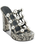 Womens Black Snakeskin 1" Platform Embellished Addica Round Toe Cone Heel Slip On Dress Heeled Sandal 9 M