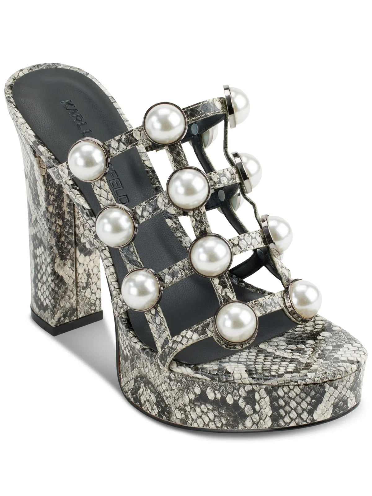 Womens Black Snakeskin 1" Platform Embellished Addica Round Toe Cone Heel Slip On Dress Heeled Sandal 9 M