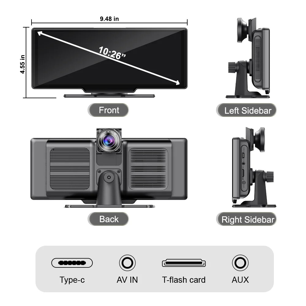 Adas Dash Cam  4K   10.26"   with touch Screen 2 cameras for Front and Back recording Apple CarPlay , Android Auto Portable Navigation