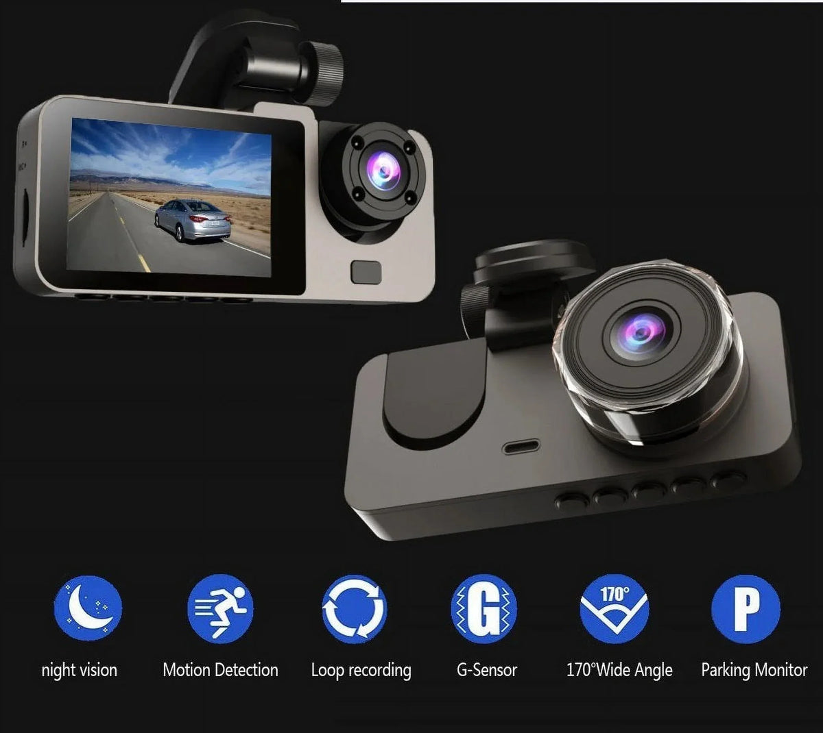 Car Video Recorder. 3 Camera Dash Car  Night Vision