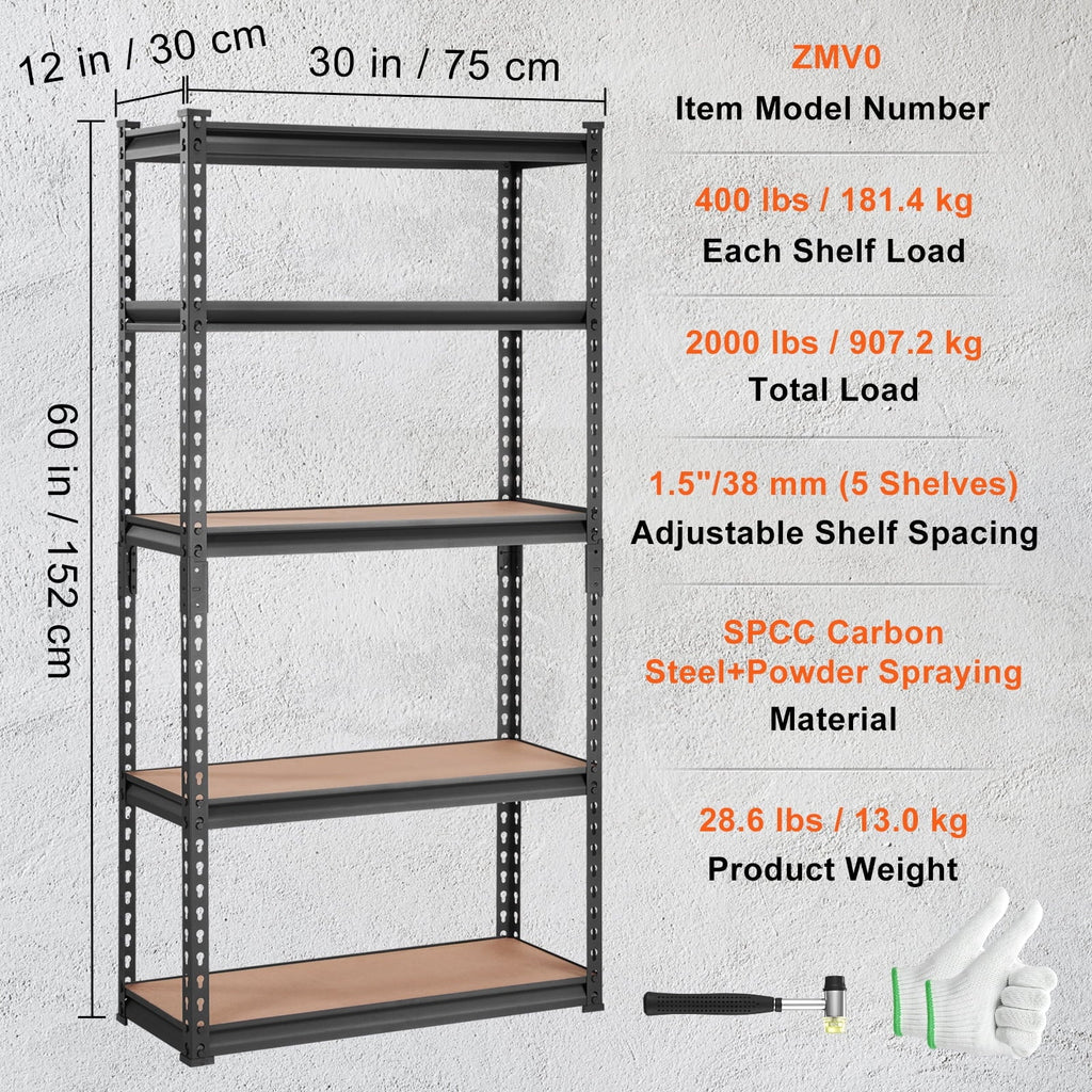 5 Tier Adjustable Heavy Duty Steel Shelving Unit, 12"D x 30"W x 60"H Garage Storage Rack 2000 lbs Load