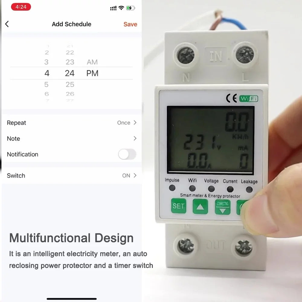 Pinnaco Intelligent WiFi Electric Meter with Leakage Protection and Timer Function for Voice Control - Compatible with Home