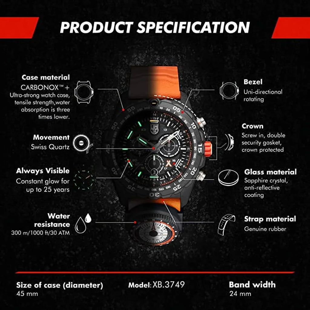 Luminox Bear Grylls Mens Watch Survival Master Series - 3749: 45mm Black/Orange Stainless Steel Swiss Made 300 M Water Resistance