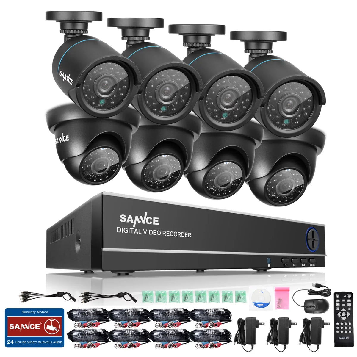 8CH Full 1080N Security Camera System   and (8) 720P Night Vision Surveillance Cameras, IP66 Weatherproof , P2P Technology/E-Cloud Service,  Code Scan Remote Access -No