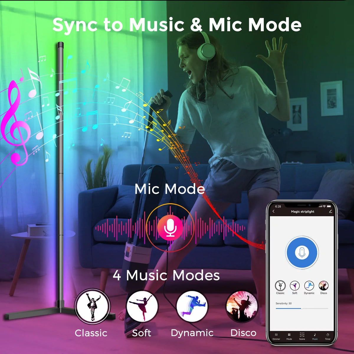 eco4life WiFi Smart Floor Standing  Lamp, Color Changing, Dimmable, Music Syn