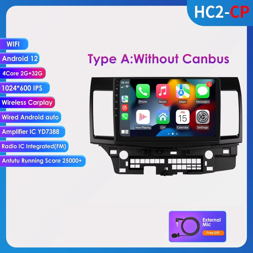 For Mitsubishi Lancer 2007 2008 2009 2010 2011 2012 Android 12 Wifi 2+32GB Car Stereo Radio CarPlay  Navigation Player