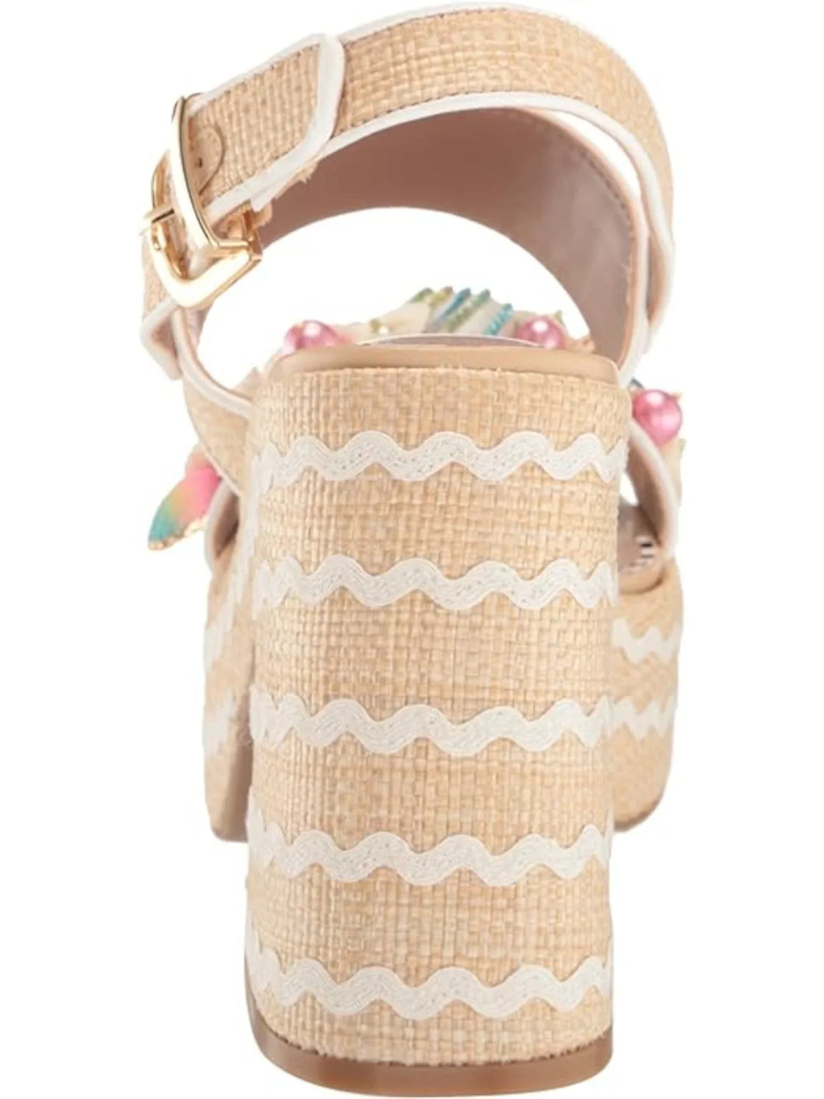 Womens Beige Mixed Media 2" Platform Embellished Woven Shellie Round Toe Block Heel Buckle Slingback Sandal 10 M