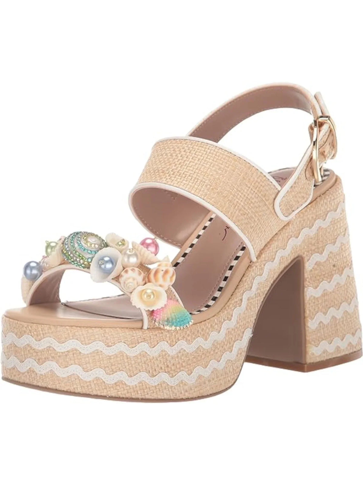Womens Beige Mixed Media 2" Platform Embellished Woven Shellie Round Toe Block Heel Buckle Slingback Sandal 10 M