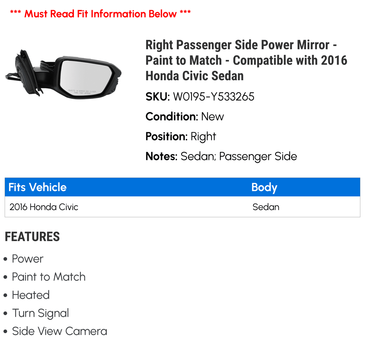 Right Passenger Side Power Mirror - Paint to Match - with Heated Glass, Turn Signal, and Side View Camera - Compatible with 2016 Honda Civic Sedan