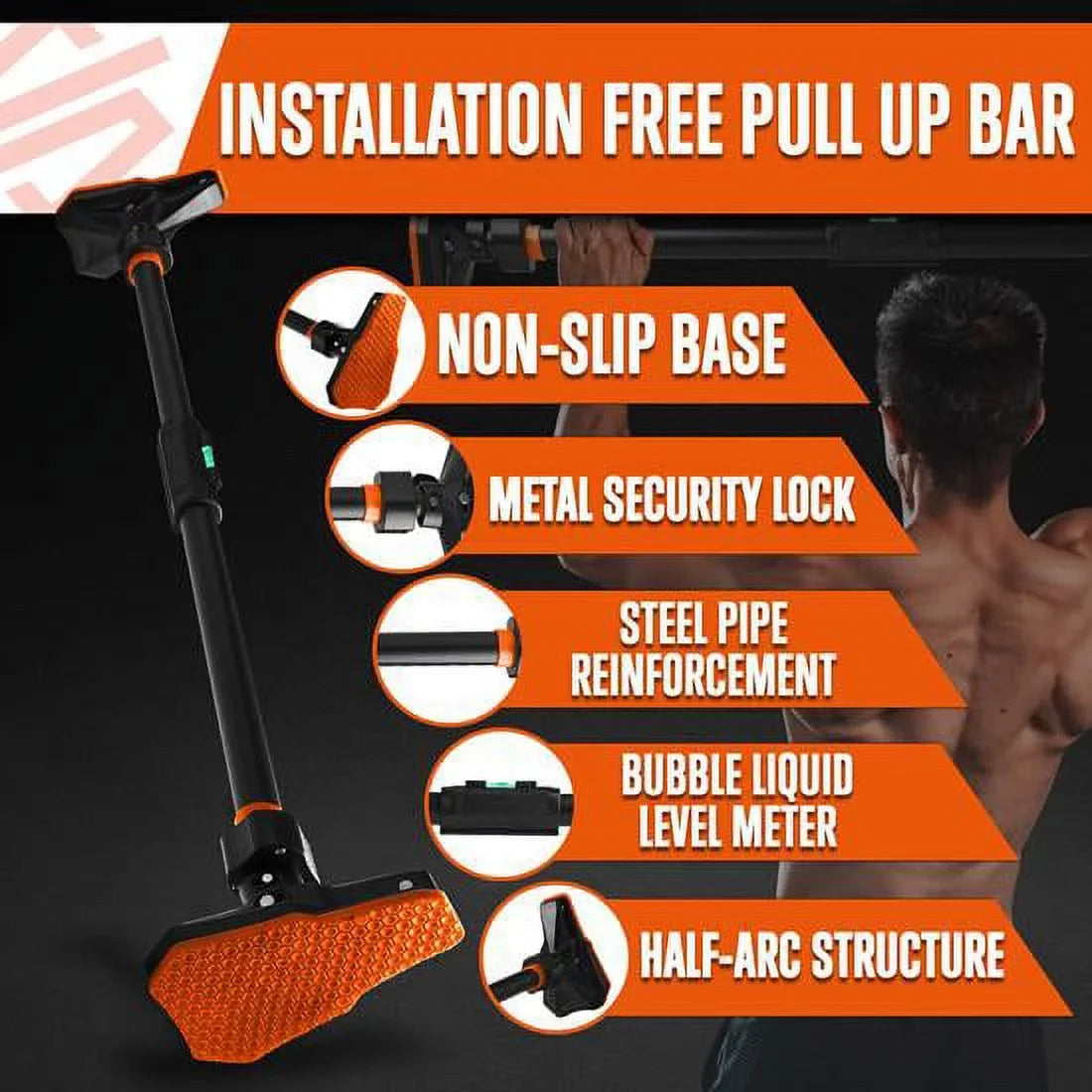 48” Adjustable Pull-up Bar -Adjustable Width 37 to 56 inches, ,orange and black color