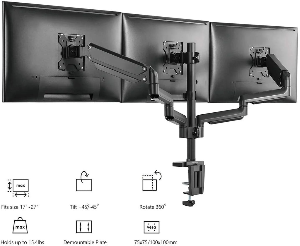 Premium Triple  Monitor Desk Mount Fully Adjustable Gas Spring Stand for Display up to 27 inch, 15.4lbs Weight Capacity