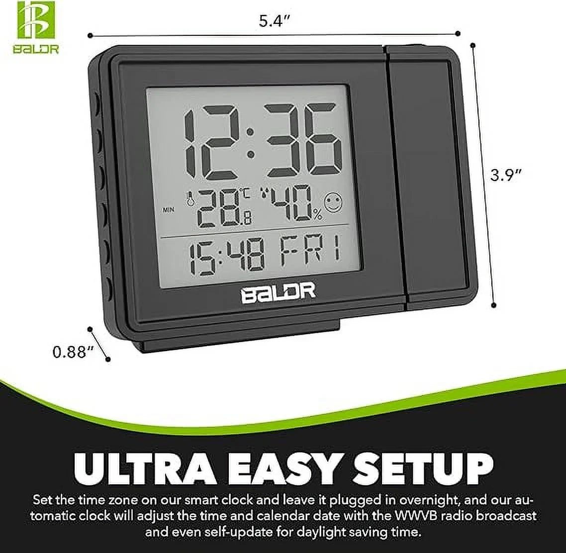 Digital Time Projection Alarm Clock - Atomic Time Projector on Ceiling Wall (Black)