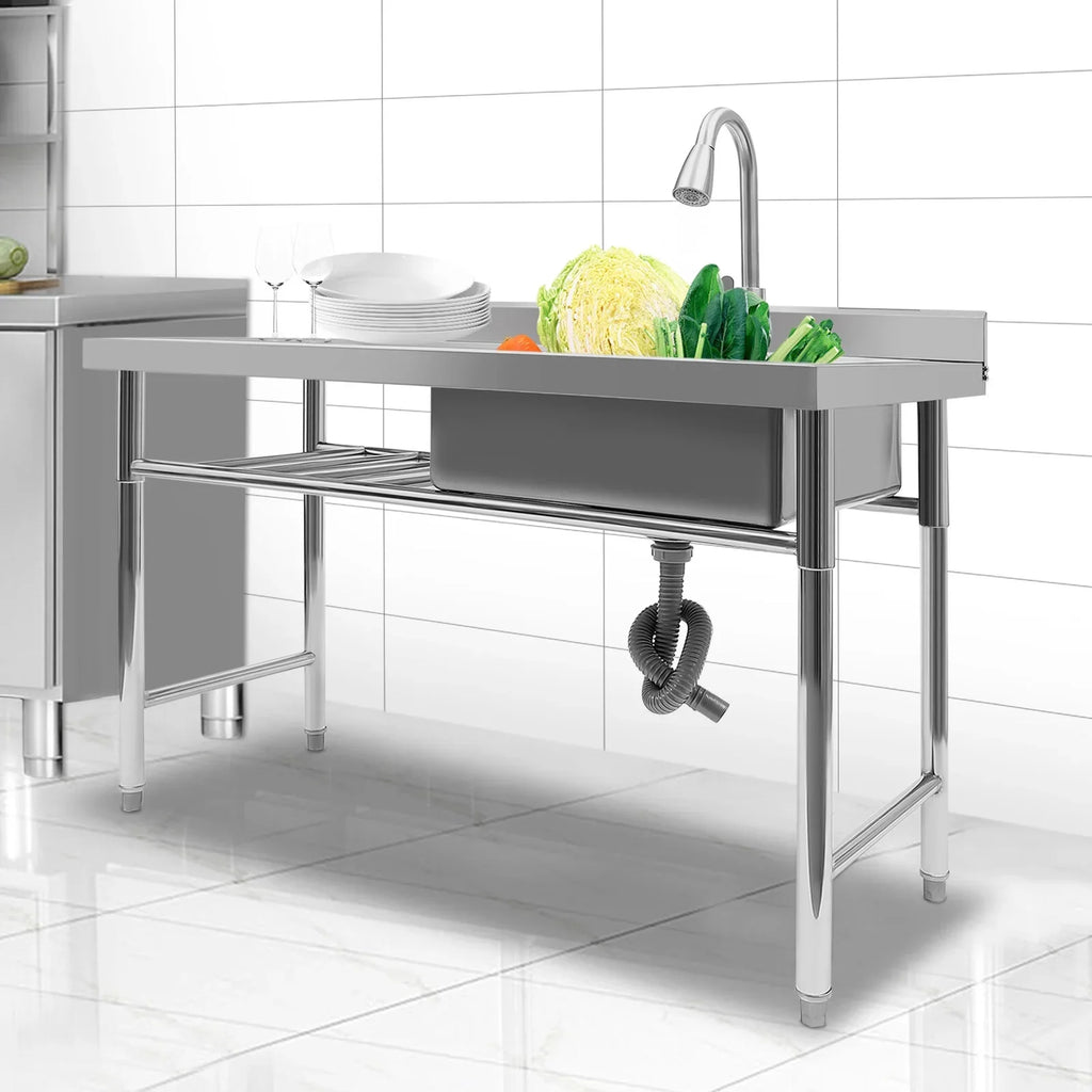 Aiqidi 47" Freestanding Stainless Steel Utility Sink, 1 Compartment Commercial Restaurant Kitchen Sink Washing Hand Basin w/Catering Prep Table & Pull-Out Faucet & Drainpipe