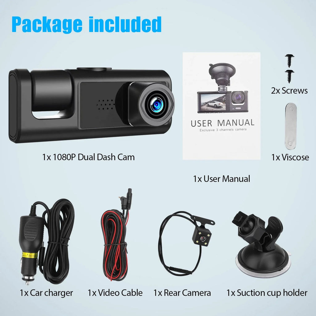 3 Channel Dash Cam Front and Rear Inside W/32GB  Card, Full  1080P Dash Camera for Cars, Dashcam Three Way Triple Car Camera W/ Night Vision, Loop Recording, G-Sensor, Parking Monitor