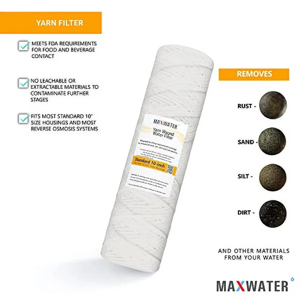 Standard 10"X2.5" String Sediment Water Filter (5 Micron), Hard Well, Whole House,  Biodiesel, Compatible With Standard  Reverse Osmosis Systems,  Systems