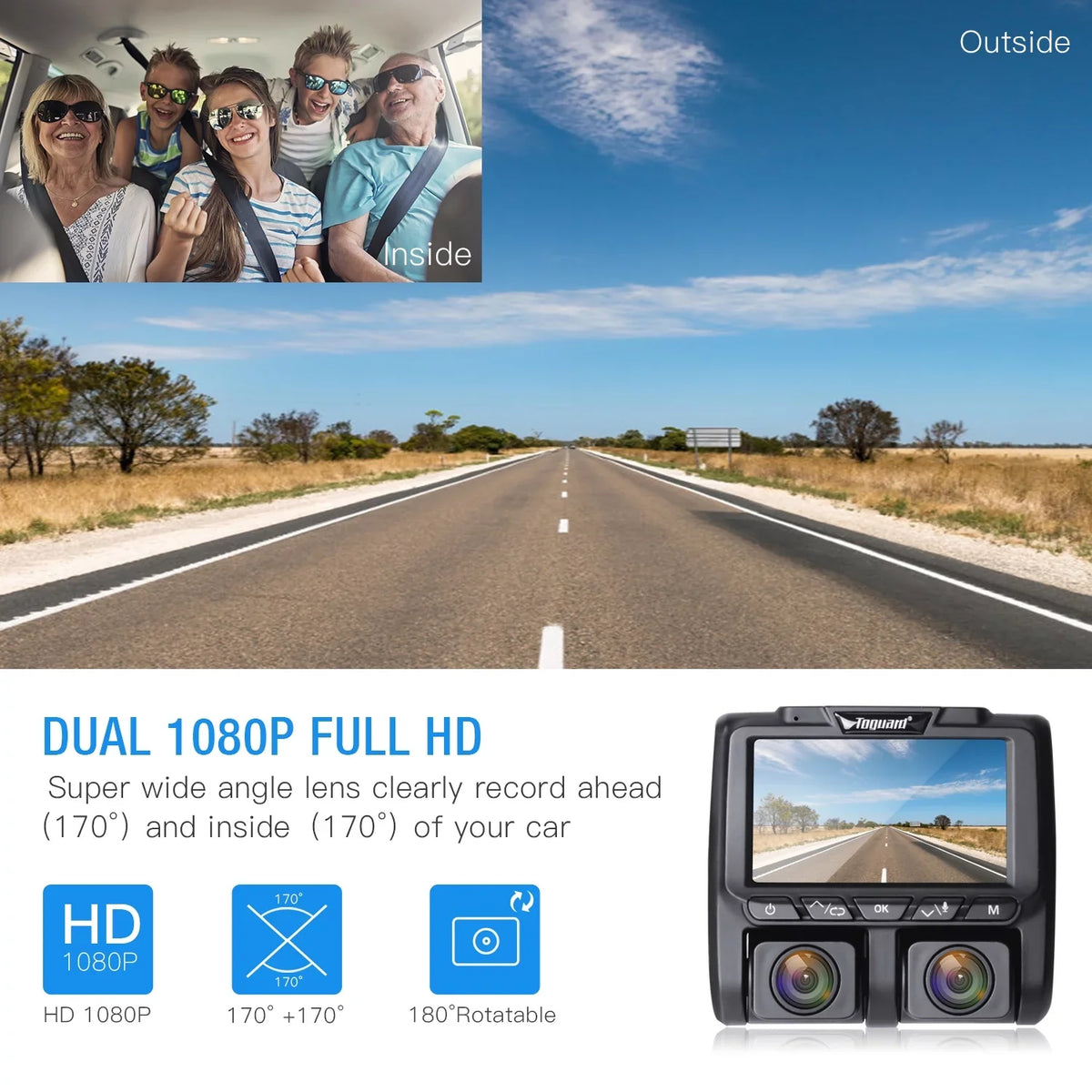 Full  Dual Dash Cam,  1080P+1080P Front and Inside Car Camera Dash Cams 3"  Dashboard Camera Black