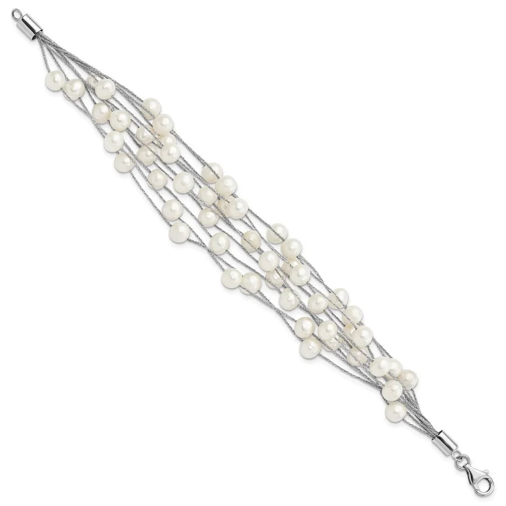 Auriga 925 Sterling Silver Rhod-plat 7-8mm White  Pearl 10-rows Bracelet 7.25inch for Women