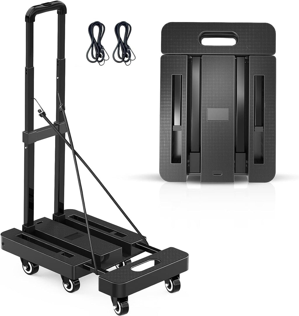 Folding Hand Truck, Small Trolley Portable 500  Capacity, Fold Up Hand Cart with 6 Wheels & Extendable Base, Collapsible Platform Truck for Moving, Office & Shopping, Black